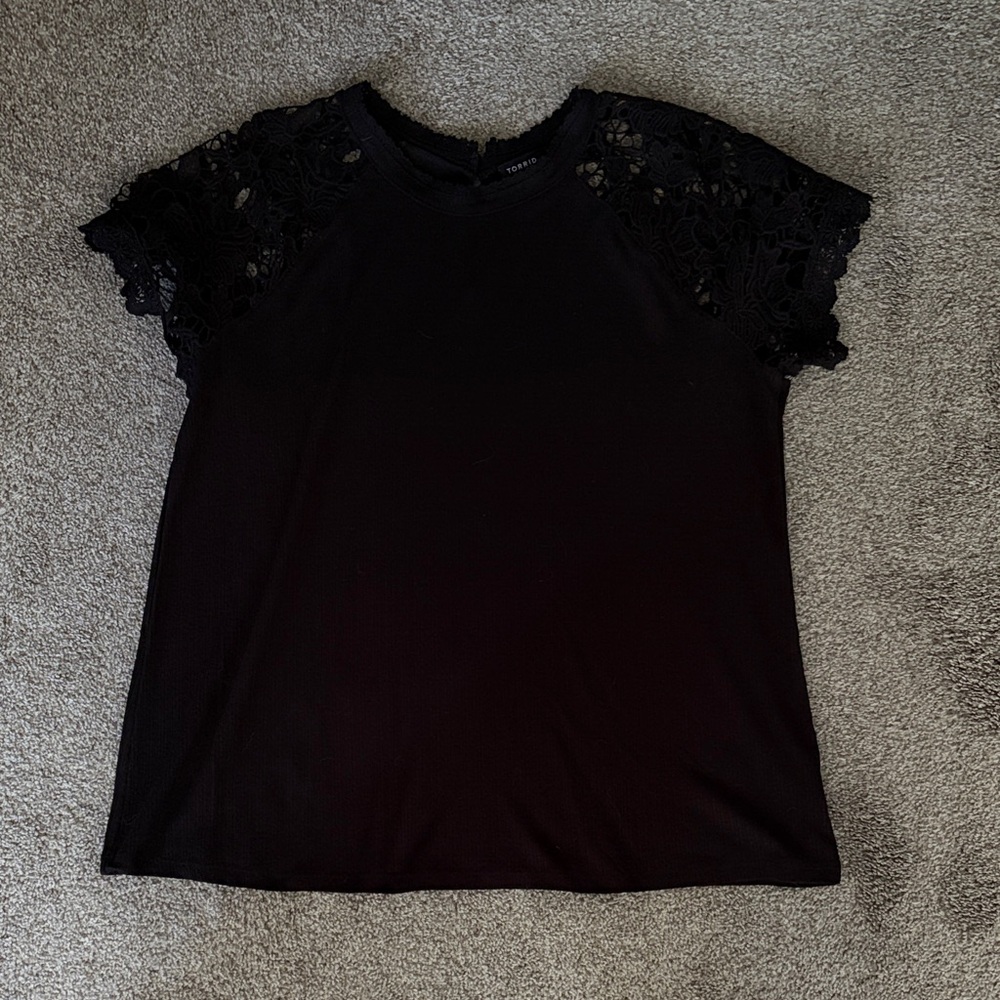 Torrid Black Knit Top with Crochet Cap Sleeves